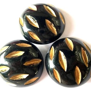 6 Buttons, vintage, black, gold color carved ornament,  30mm, 9mm height