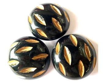 6 Buttons, vintage, black, gold color carved ornament,  30mm, 9mm height