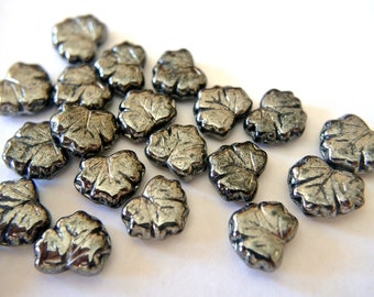 10 Leaves beads, Czech glass beads, gray shade leaf 12mmx10mm