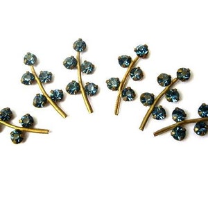 6 Vintage Swarovski leaves shape metal setting with unique blue crystal rhinestones-RARE