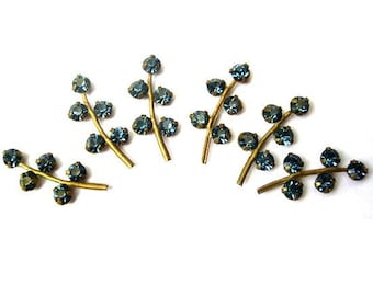6 Vintage Swarovski leaves shape metal setting with unique blue crystal rhinestones-RARE