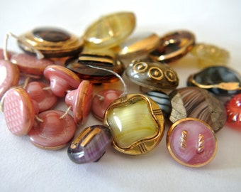 23 glass buttons, antique vintage moon glow buttons in assorted shapes, colors, sizes-RARE LOT