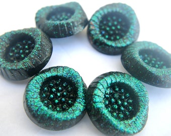 6 Buttons, antique vintage buttons black with green blue plastic, thick, RARE-select size