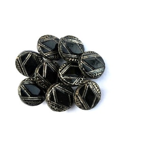 6 Antique vintage glass buttons, black with gold color gentle design for button jewelry, 9mm