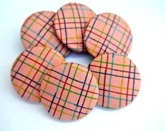 6 Handmade Fabric Covered Buttons: Retro Plaid Cotton, 32mm