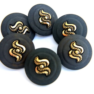 6 Vintage Black Plastic Buttons with Gold Trim (23mm)