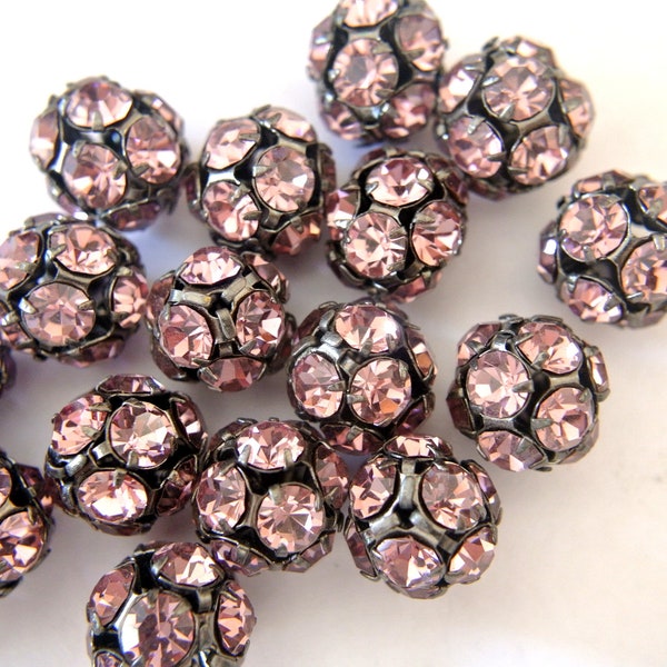 Perle boule de cristal Swarovski vintage 13mm, cristaux roses, strass en monture couleur noire, la monture en laiton- RARE