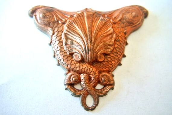 Sea ornament with fishes vintage metal stamping metal findings 58mmx50mm