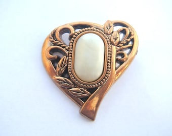 Vintage button , heart shape, white plastic with antique bronze color unusual design, 44mm, large