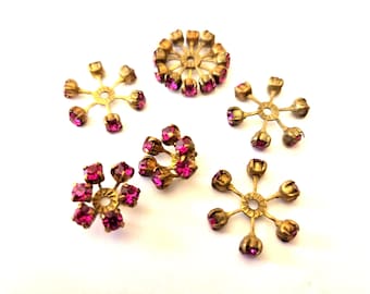 2 SWAROVSKI CRYSTAL beads, vintage,  flower shape brass setting with fuschia pink crystals- RARE-19mm
