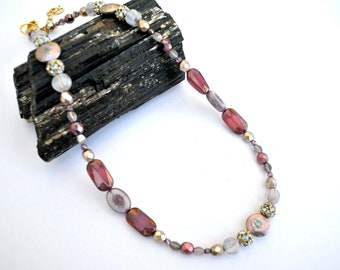 Necklace beaded of vintage Swarovski beads, new real pearls and Czech beads, adjustable length