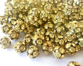 6pcs Vintage Swarovski very light yellow crystal ball beads 10mm in brass metal setting