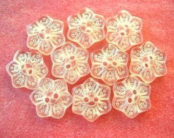 10 Vintage glass buttons ,six petal flower shape, pattern, persica color, transparent, 13mm, beautiful for button jewelry
