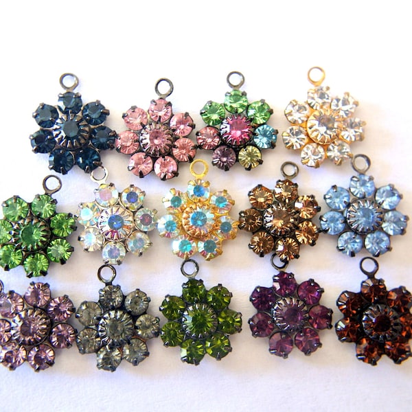 Lot of 11 SWAROVSKI flowers, antique vintage,  flower shape, embeded crystals, 11mm-12 colors-select quantitiy