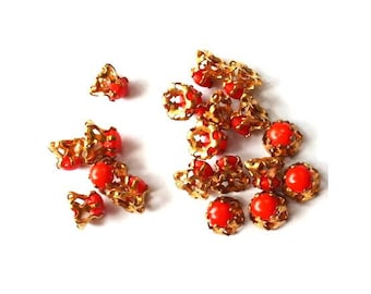 6 Antique vintage Swarovski cabochon, red opaque crystal cut 1100 mounted in brass setting