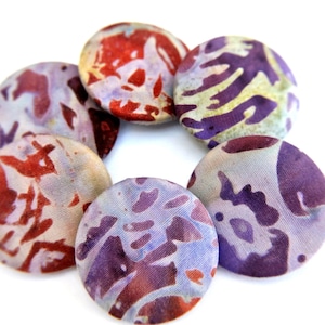 6 Handmade Batik Fabric Buttons: Purple & Red Cotton (32mm)