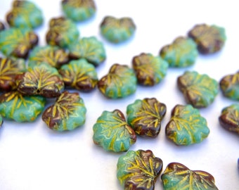 10 Leaves beads, Czech glass beads, green brown shade leaf 12mmx10mm