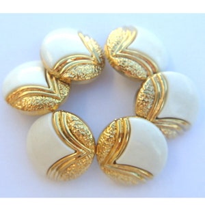 6 Vintage buttons white plastic with gold trim, retro fashion,  25mm