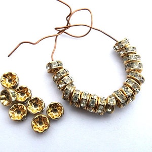 6 Vintage Swarovski rondelle beads clear crystal rhinestone on gold color base 6mm spacer beads
