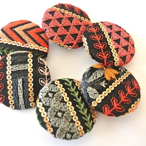 Embroidered Fabric Covered Buttons: Handmade Black Shank Buttons (Set of 6)