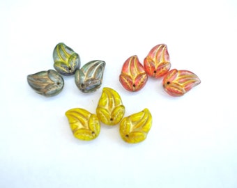 12 Czech glass beads, leaf shape,  leaves 15mmx10mm, select color
