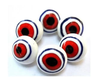6 Vintage glass buttons white with red and blue circles metal shank-choose your size