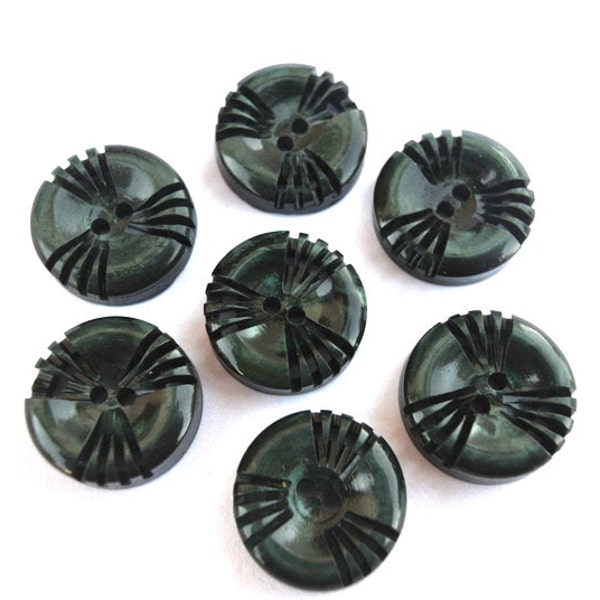 6 Antique vintage buttons unique design dark green plastic, 15mm