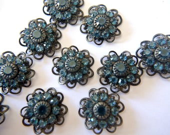 Swarovski vintage flower, crystals embeded on vintage metal filigree 17mm, blue crystals-beads / cabouchon-select quantity