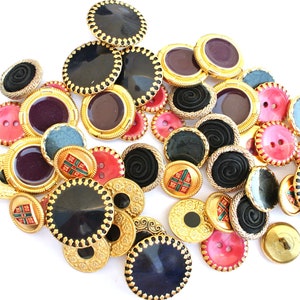 42 Vintage metal buttons, 7 designs, 6pcs of each design, assorted shapes and colors