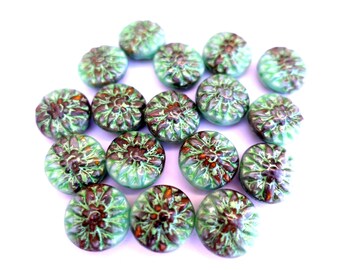Czech Glass Beads: 15mm Green with black, Coin Green Wash
