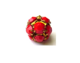 Vintage Swarovski crystal ball bead 13mm red opaque rhinestones in brass setting- RARE