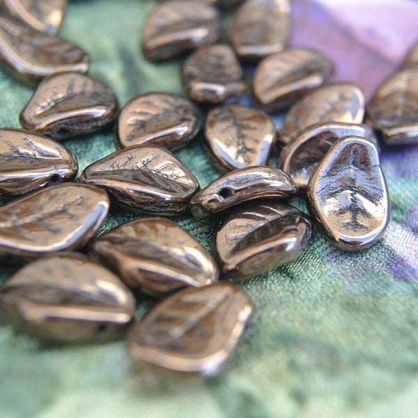 12 Czech glass beads, leaf shape,  leaves 15mmx10mm, metalic brown