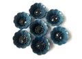 Vintage, 7 plastic buttons, can be use as beads, 15mm,  flower cup shape, blue with black