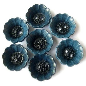 Vintage, 7 plastic buttons, can be use as beads, 15mm,  flower cup shape, blue with black