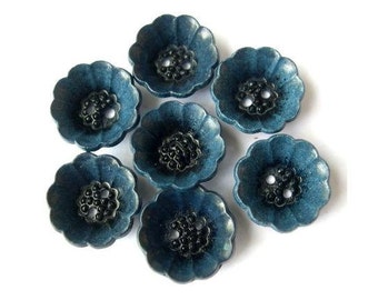 Vintage Blue Flower Cup Buttons: Plastic Beads (7, 15mm)