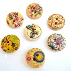 10 wooden buttons 15mm, natural wood printed colorful patterns-select an option