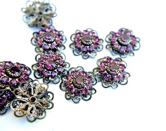 Swarovski vintage flower, crystals embeded on vintage metal filigree 17mm, violet crystals-beads / cabouchon-select quantity