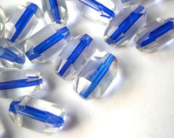 10 cuentas de cristal checo vintage: cristal transparente facetado con rayas azules.
