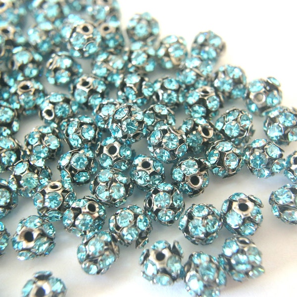 6pcs Vintage ball beads 6mm created of unique blue shade crystals in gray metal, imitation of Swarovski