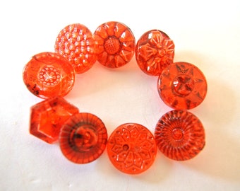 Vintage glass buttons, 10 buttons, hand painted in orange shade 14mm, 10 designs, Czech