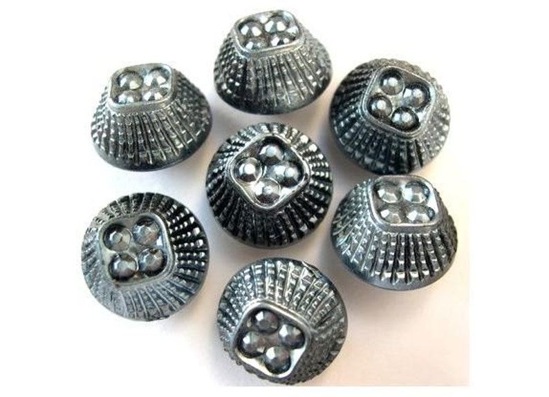 10 Buttons, vintage, black plastic covered with silver, unique shape, proper for button jewelry image 1