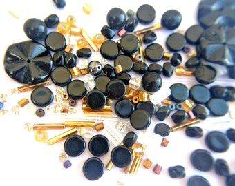 Mix VINTAGE glass beads, all are CZECH high quality beads in black, gold, clear, AB shine-select quantity