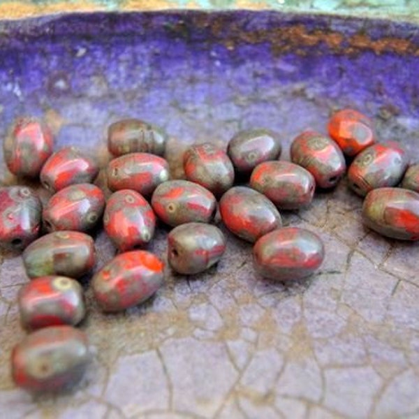 25 Czech glass beads, 8mmx6mm broun with orange oval Czech beads