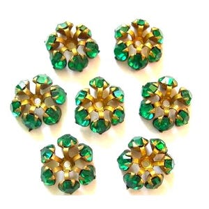 2 SWAROVSKI beads, vintage, flower shape brass setting with 6 green crystals image 1