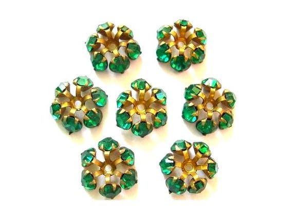 2 SWAROVSKI beads, vintage,  flower shape brass setting with 6 green crystals