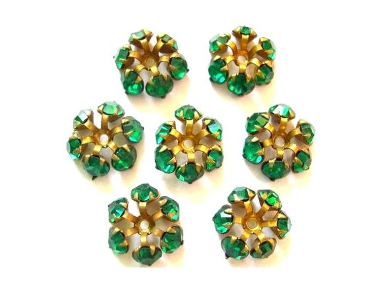2 SWAROVSKI beads, vintage, flower shape brass setting with 6 green crystals image 1