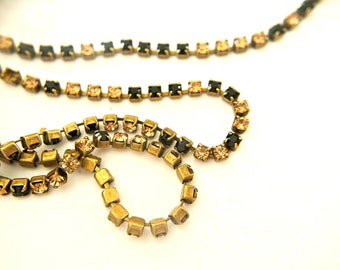 Cadena vintage de diamantes de imitación Swarovski: cristales de topacio negro, engaste de latón.