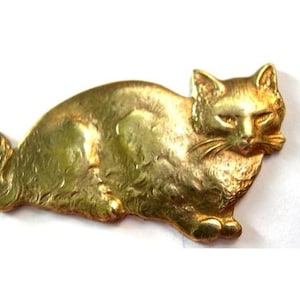 Può includere: Un fermaglio in metallo color oro a forma di gatto sdraiato. Il gatto ha una superficie dettagliata e testurizzata e un'espressione realistica.