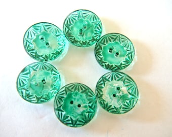 6 boutons vintage forme fleur vert main CRISTAL tchèque 18 mm transparent