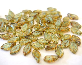 Czech Glass Leaf Beads: Translucent Brown with Green Wash (20pcs)